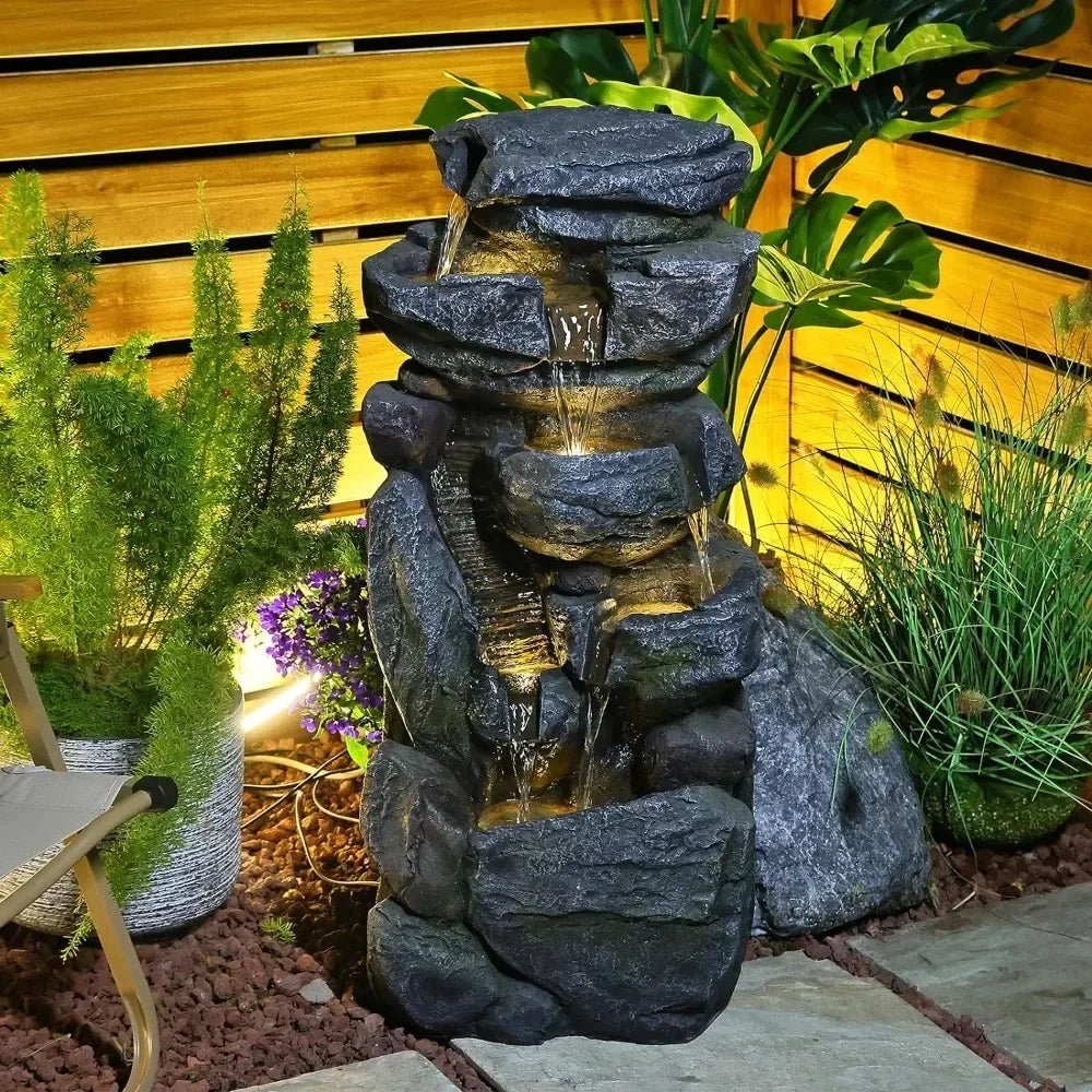 Waterfall Fountain Outdoor with Led Lights, 31.5” Rock Cascading Floor Water Garden