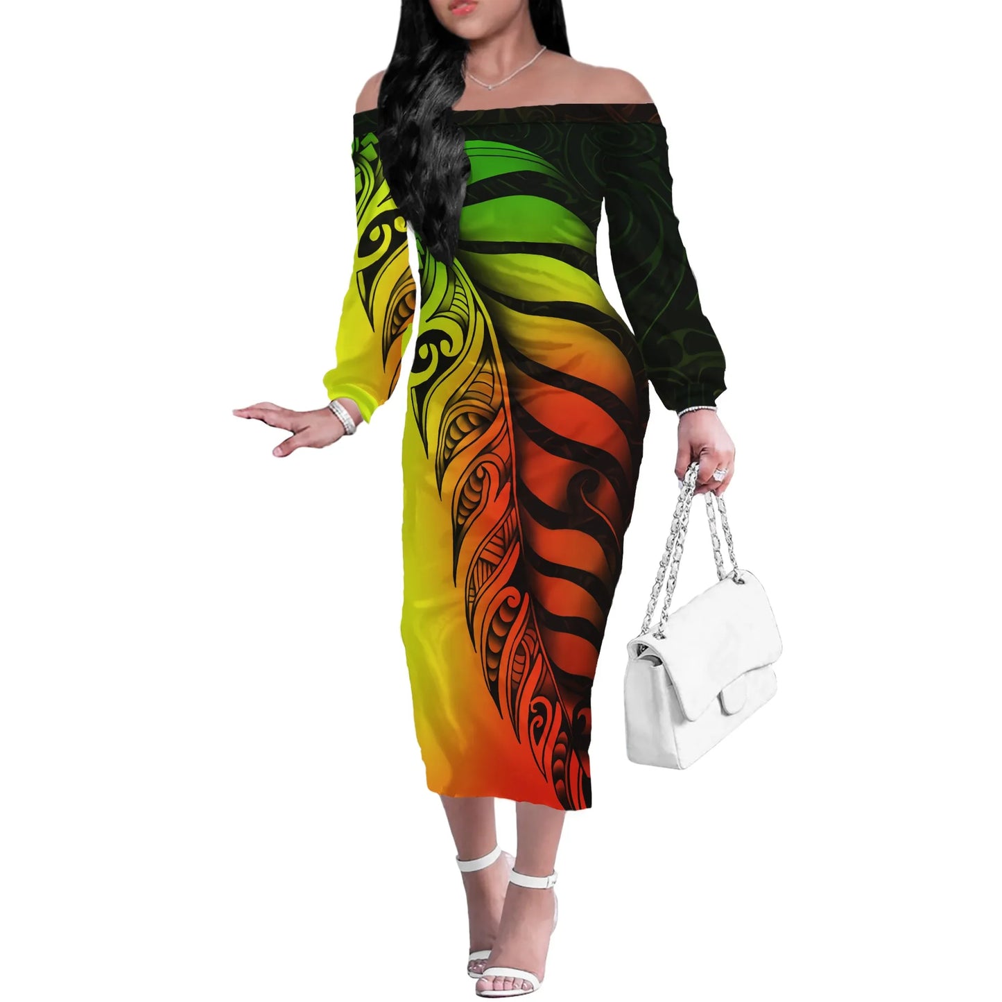 Factory Price Personality Red-black Party Off Shoulder Dress Custom Polynesian Tribal Tattoo Pattern Large Size 4XL Sexy Dress