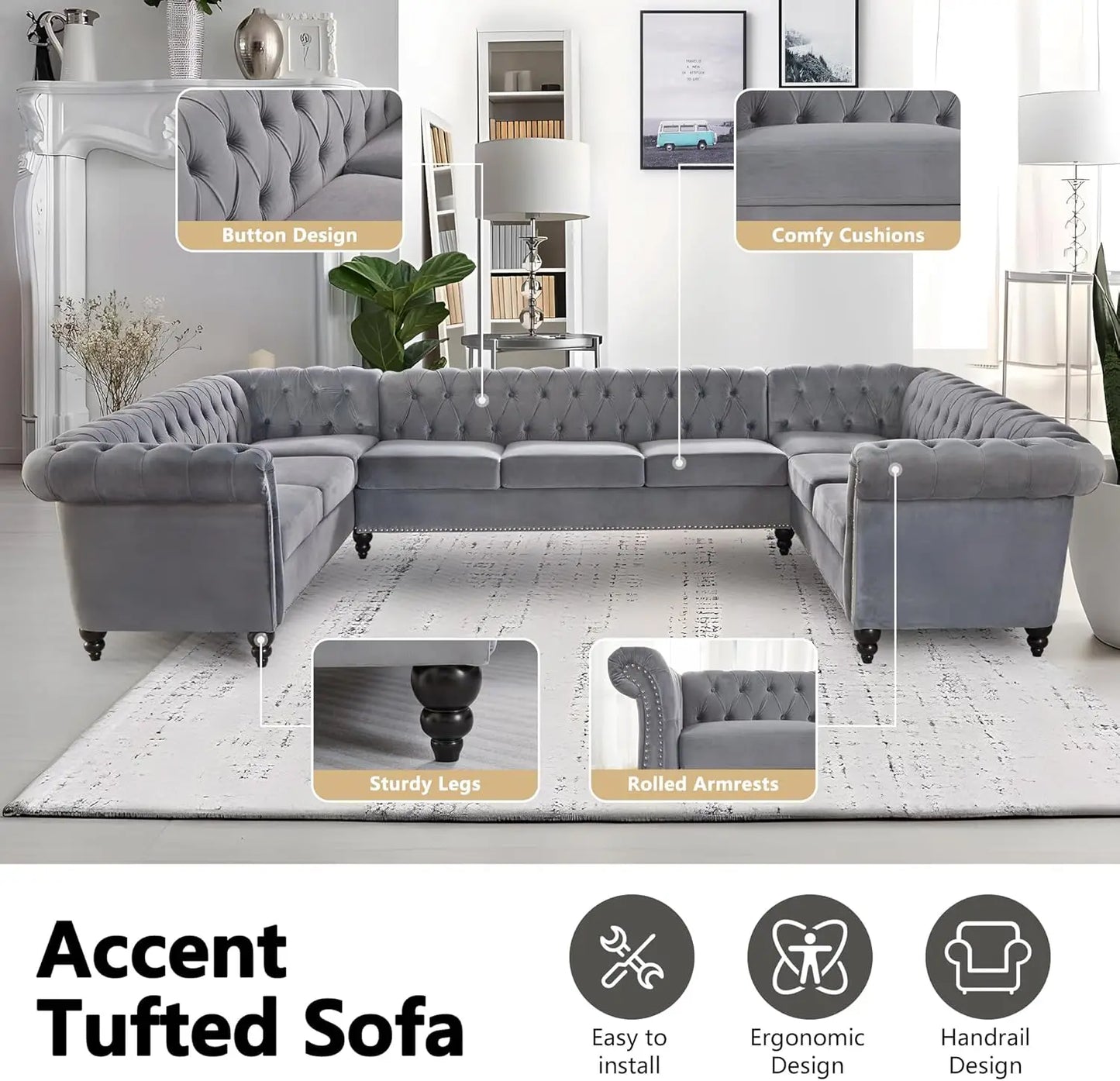 Sectional Chesterfield Velvet Couch Upholstered Large Accent Tufted Sofa with Rolled Armrest