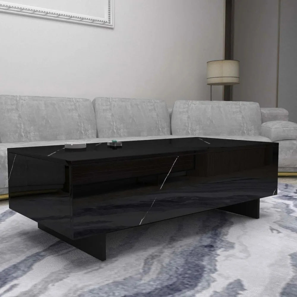 Coffee Tables Marble Rectangle for Living Room, Black Side Table, High Gloss Center