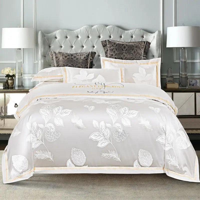 Luxury Soft Jacquard Bedding Set Floral White Blue Comfort A/B High-End Embroidery Duvet Pillowcase Bed Sheet Queen King Size