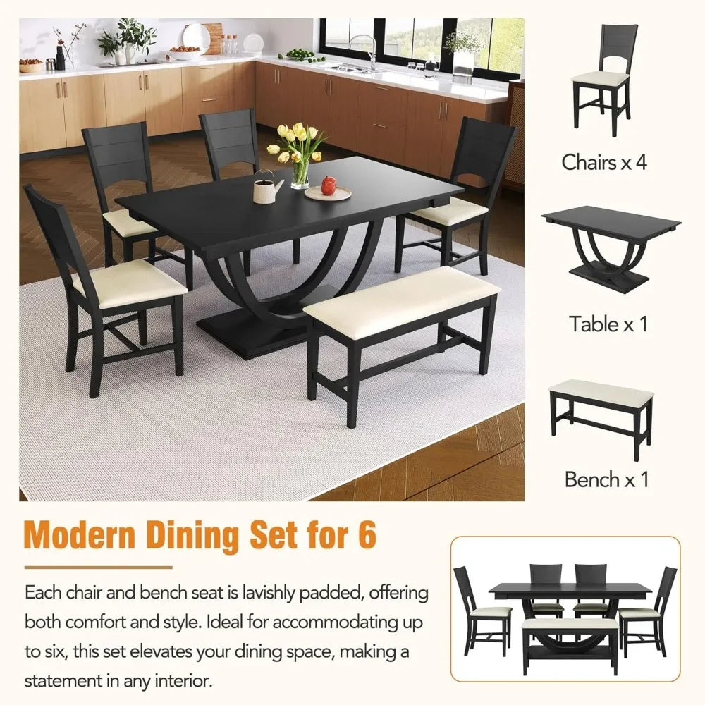 Dining Table Set, Half Round Table with Long Bench & 4 Upholstered Dining Chairs,