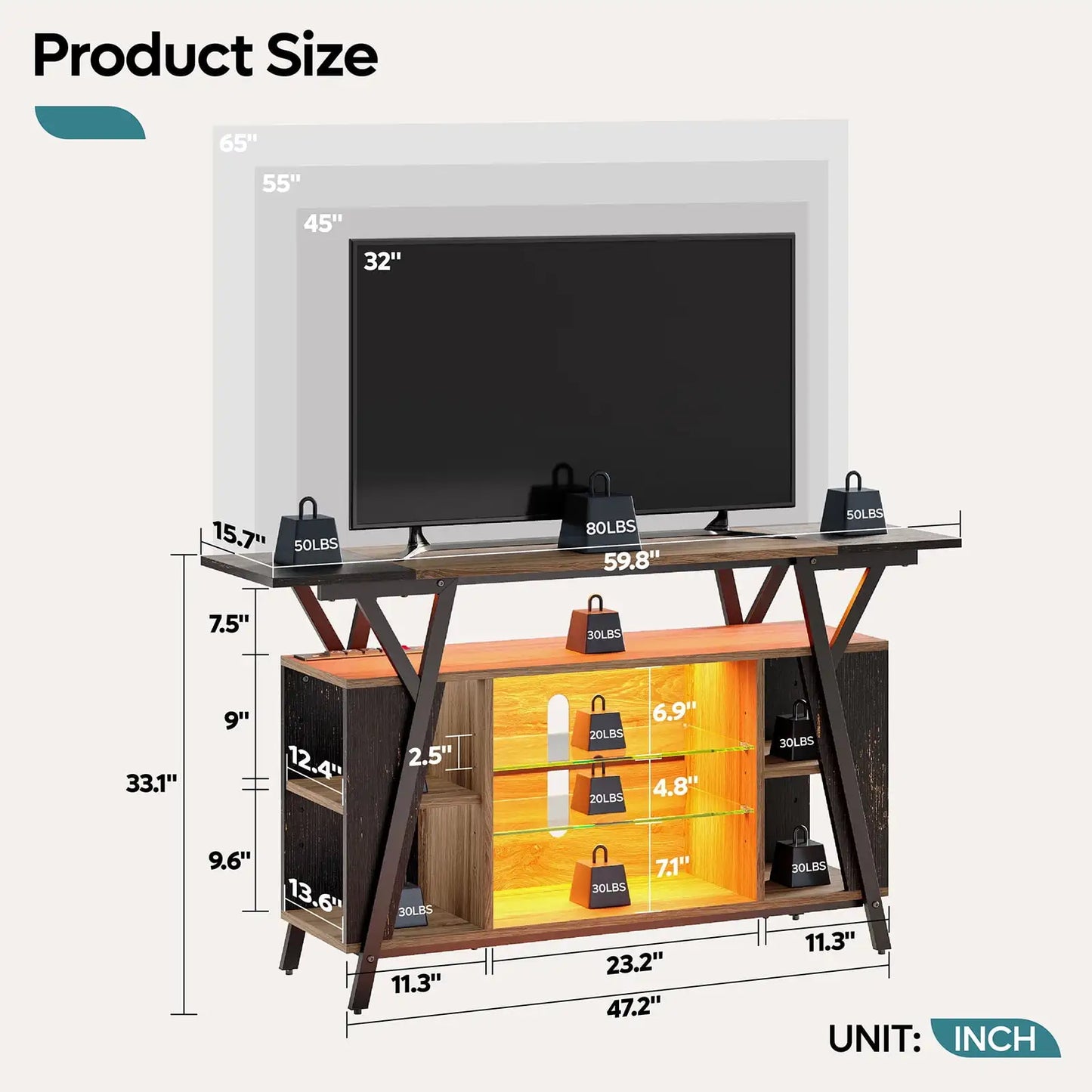 TV Stand with Power Outlets & RGB LED Lights