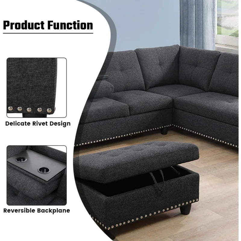 L Shaped Sofa with Ottoman Modern Nail-Head Design Linen Facing Sectional Couches with Cup Holder for Living Room etc.