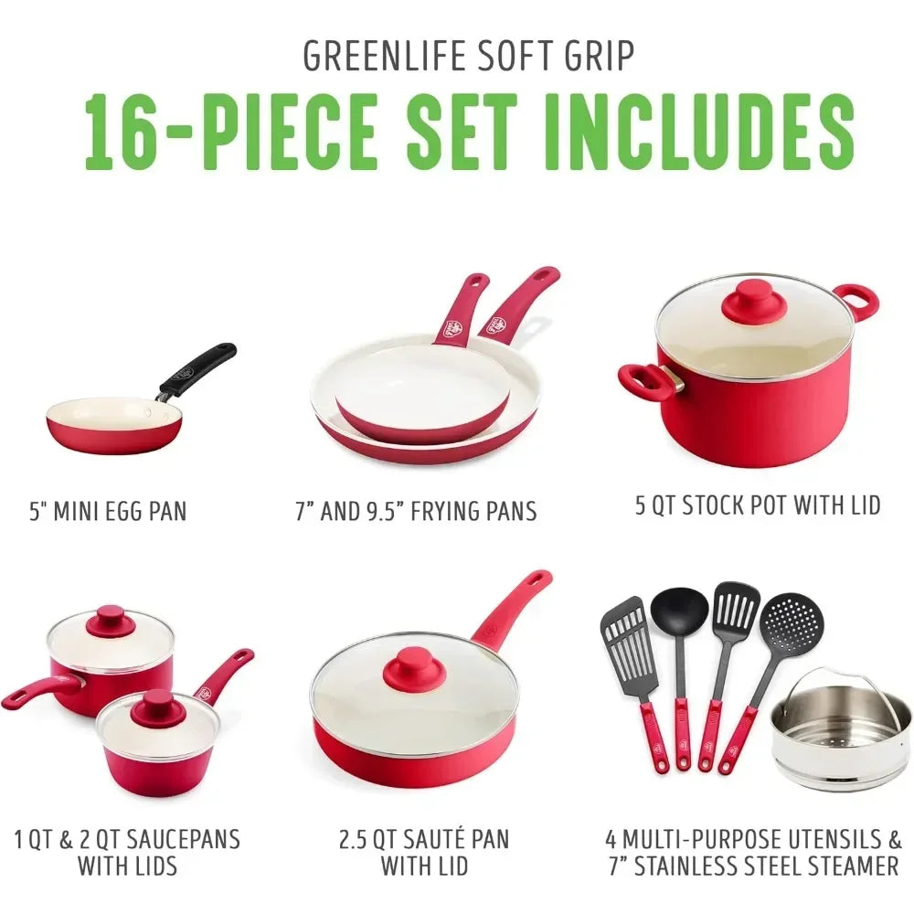 Healthy Ceramic Nonstick 16 Piece Kitchen Cookware Set Pots and Frying Sauce Saute Pans Set, PFAS-Free , Red