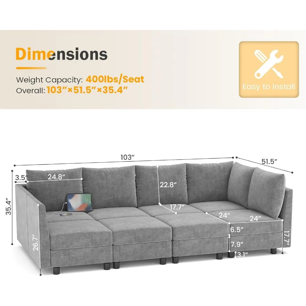 Sectional Sleeper Sofa, 8 Seats Modular Convertible Sofa Bed Couch with Storage Ottomans, with Charging Station