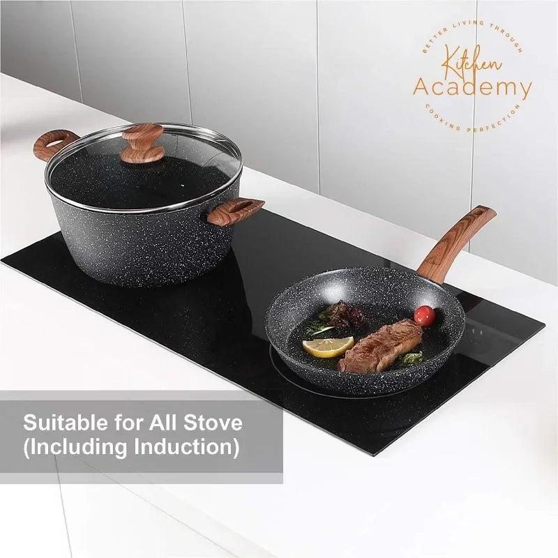 Kitchen Academy Induction Cookware Set-17 Piece Non-stick Cooking Pan Set, Black Granite Pots and Pans Set