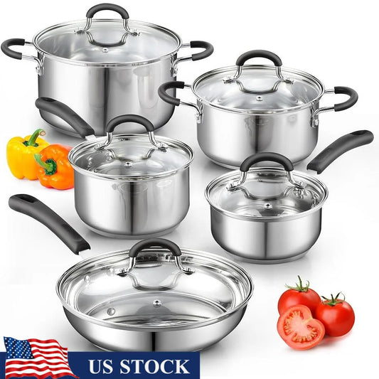 Cookware Set Pots and Pans Kitchen Cooking Set Dishwasher Safe Tempered Glass Lids Stay Cool Handles