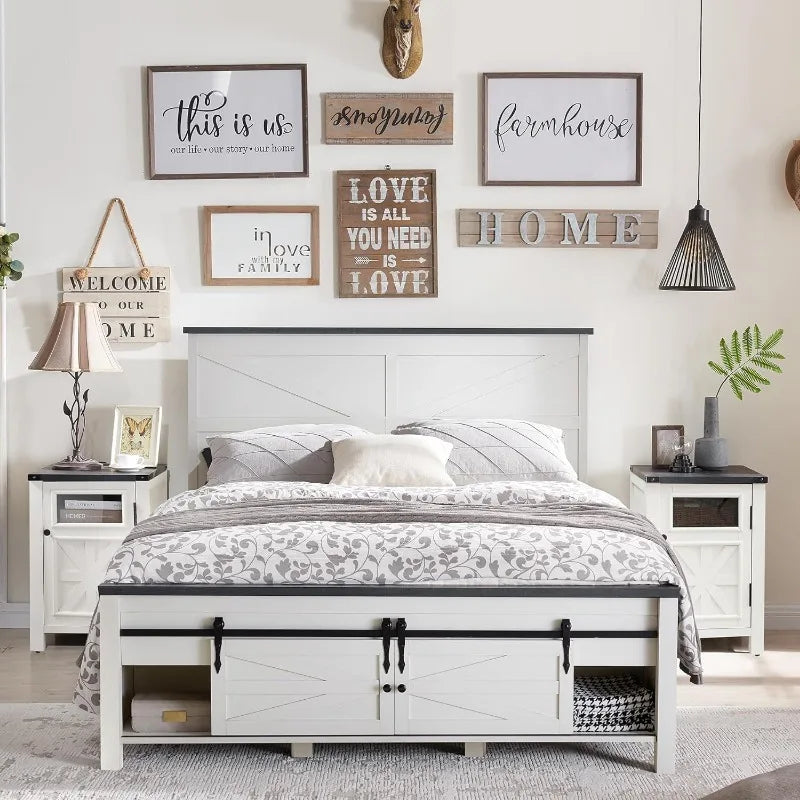 Farmhouse Wood Bed Frame Queen Size with Sliding Barn Door Storage Cabinets and Headboard, Solid Wood Slats