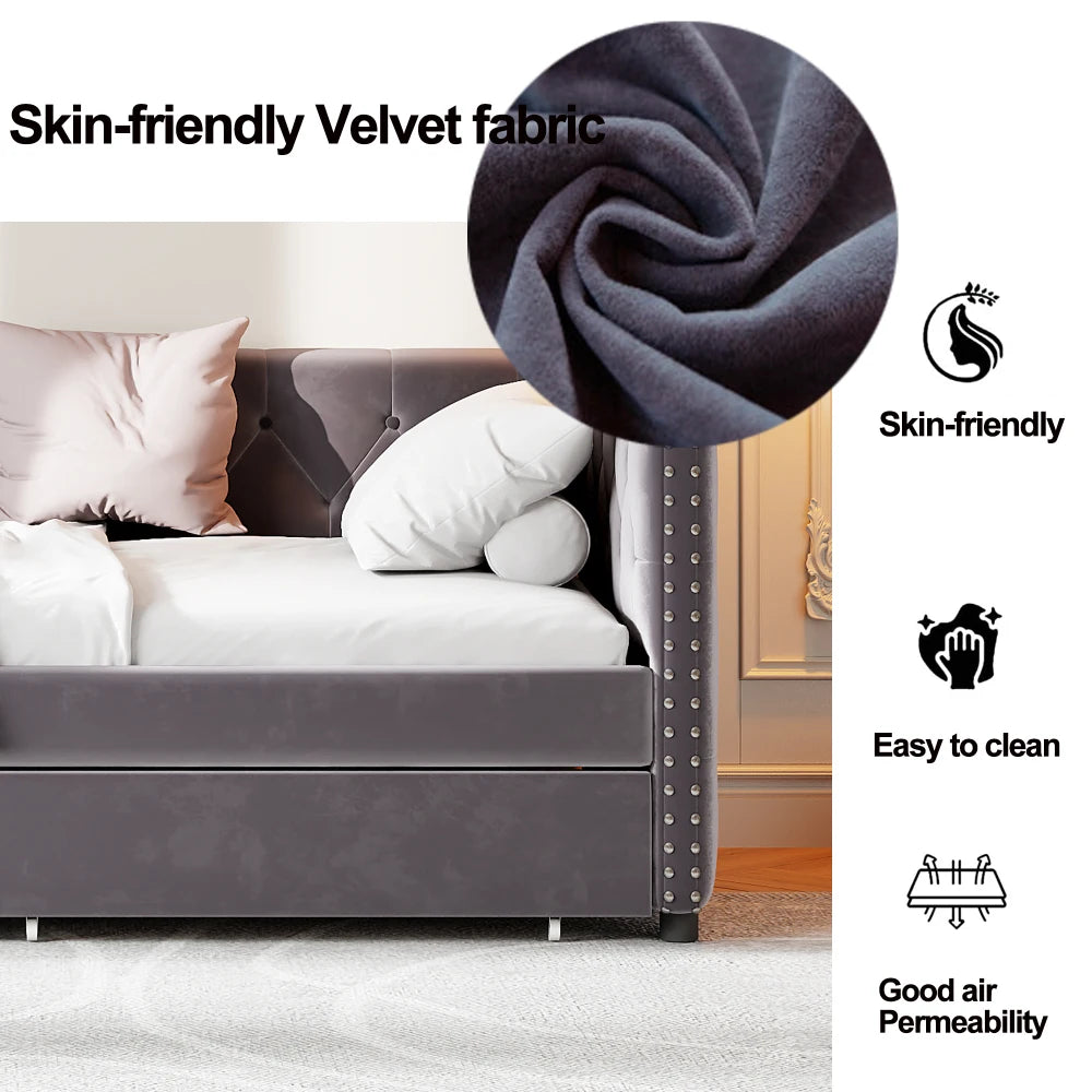 Modern velvet upholstered sofa bed with button tufted sofa bed frame with double drawers,