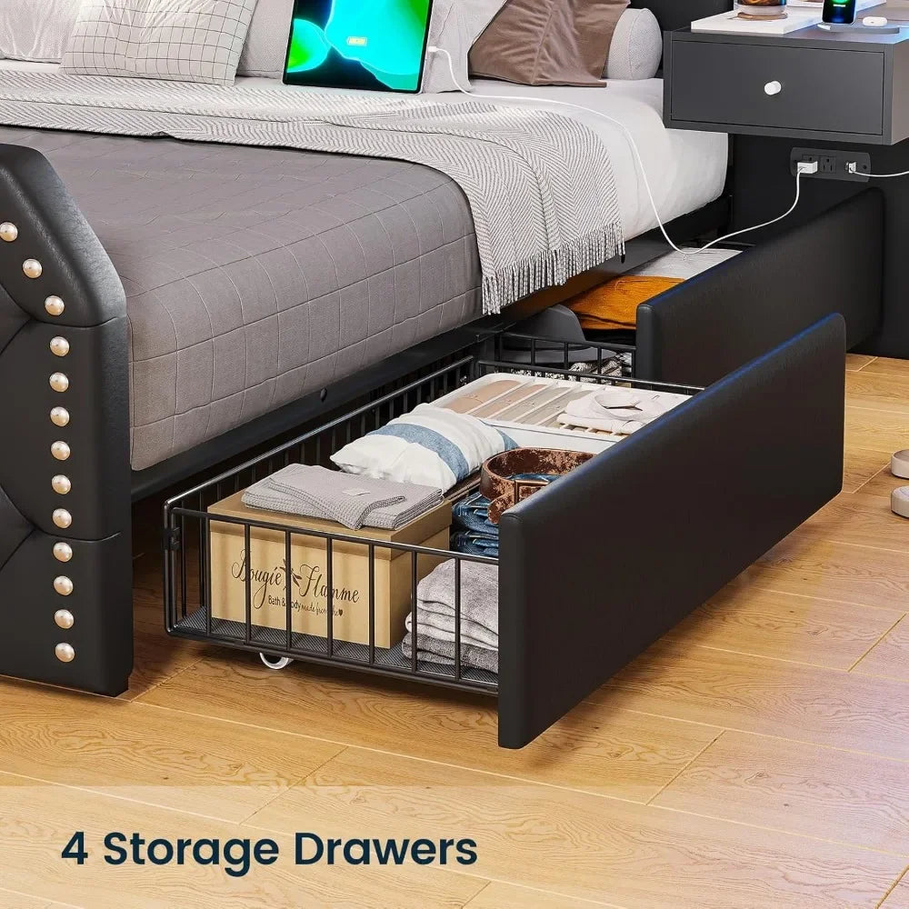 Tall Platform Bed Frame With 4 Storage Drawers Built in Charging Station & LED Bedroom Black