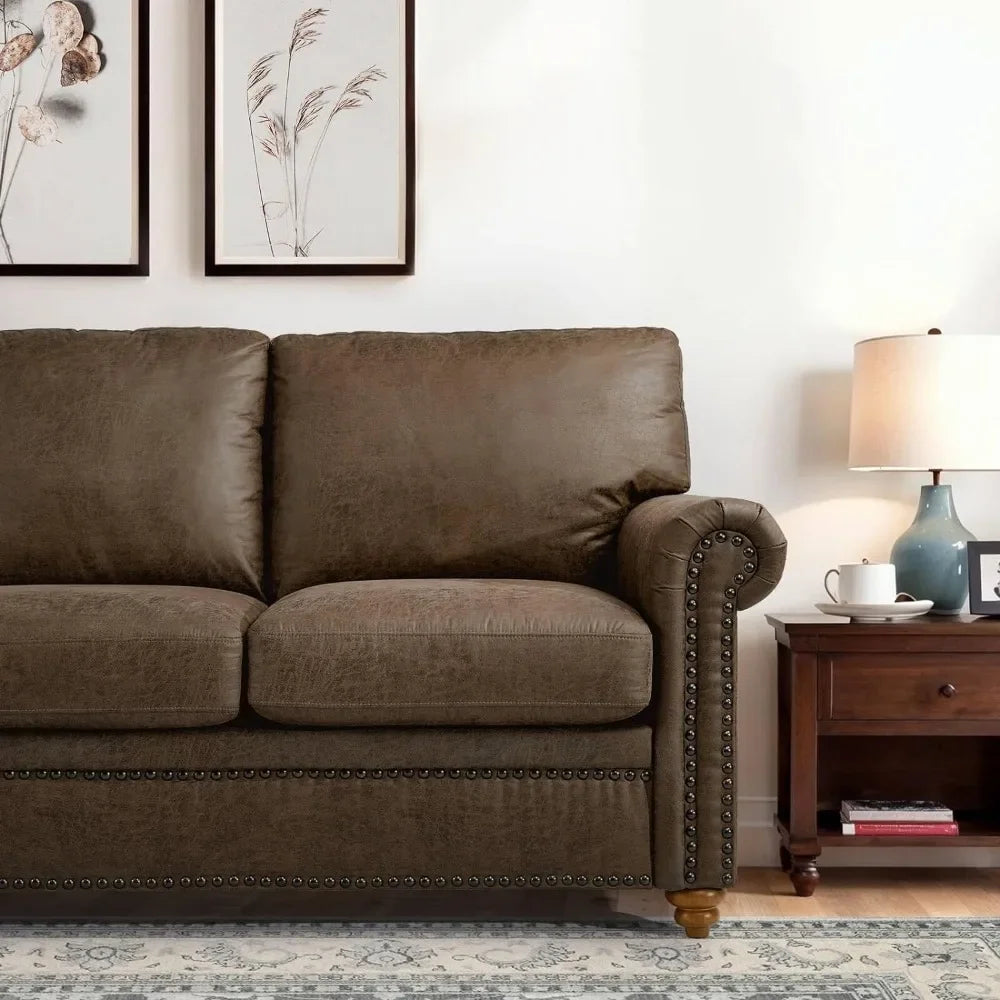 Rolled Arm with Nailhead Trim, Comfy 3 Seat Cushions with Pocket Spring, Brown Couches