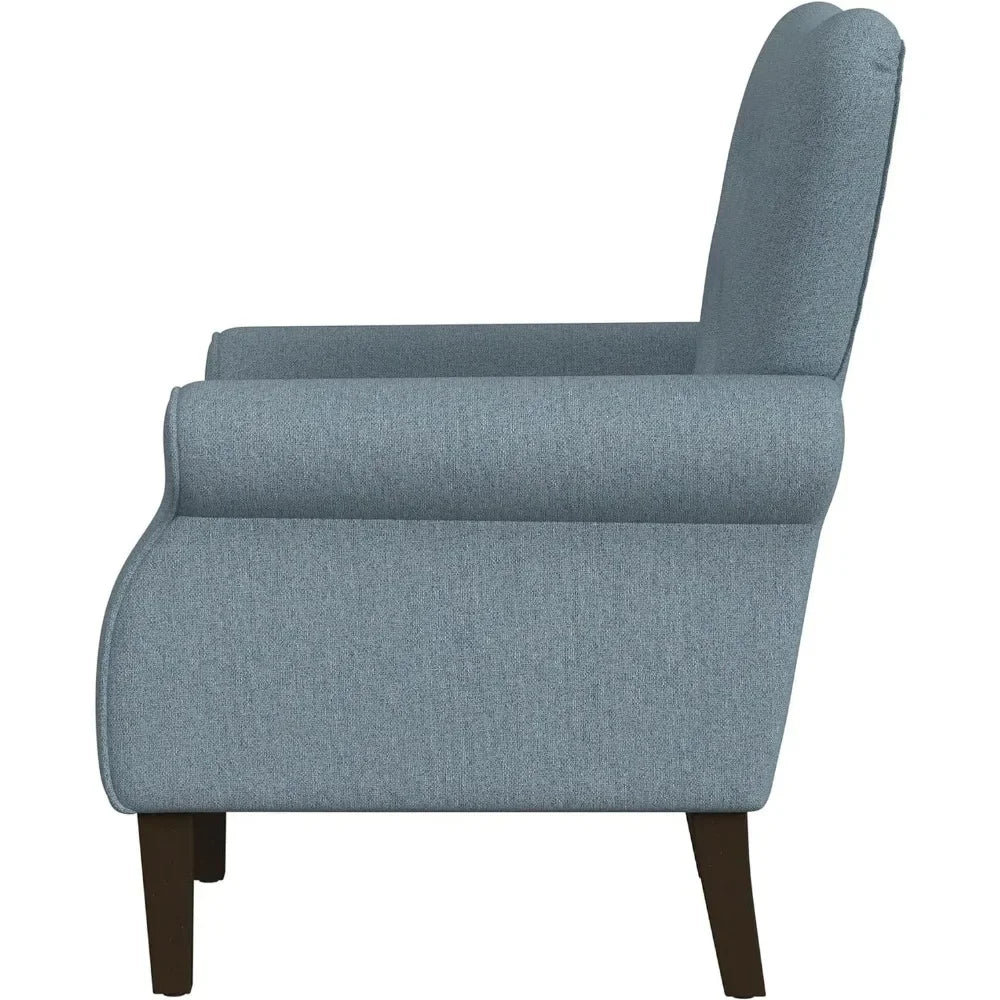 chair, home decoration with soft cushioned curly arm wing back living room chair, blue