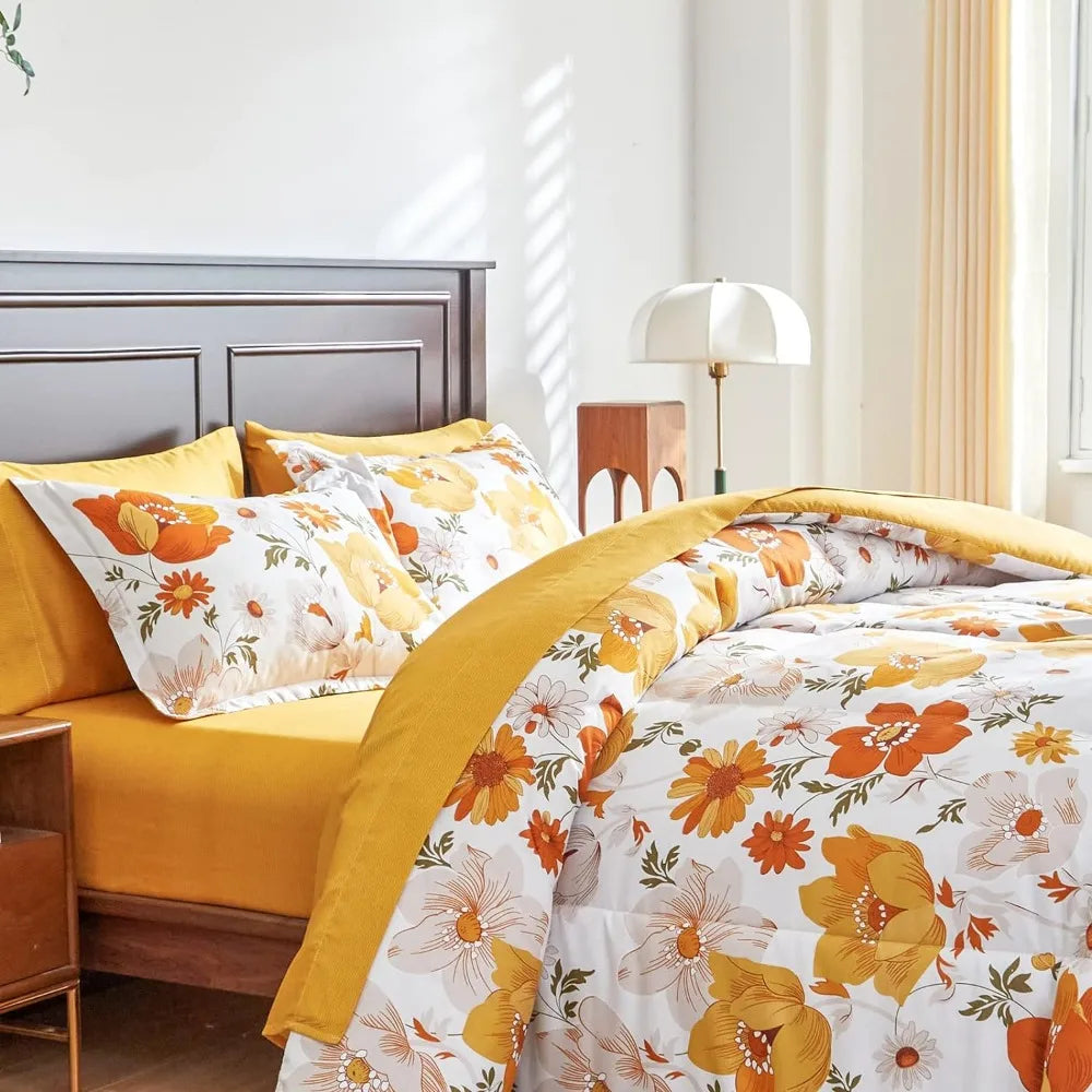 Orange Bed in A Bag 7 Pieces, Comforter Sheet Set, Microfiber Bedding Set, Queen