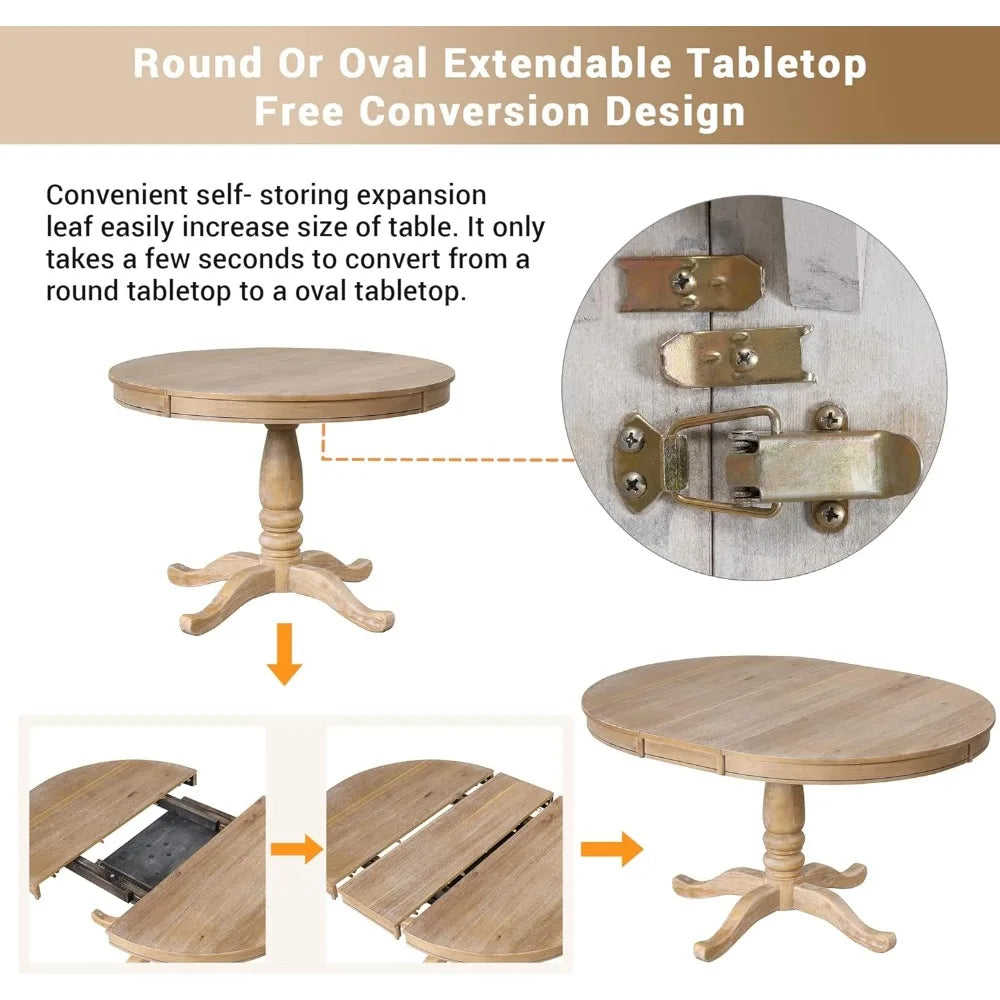 5 unique rural dining table sets, expandable round dining table and 4 chairs with backrests, kitchen dining table set