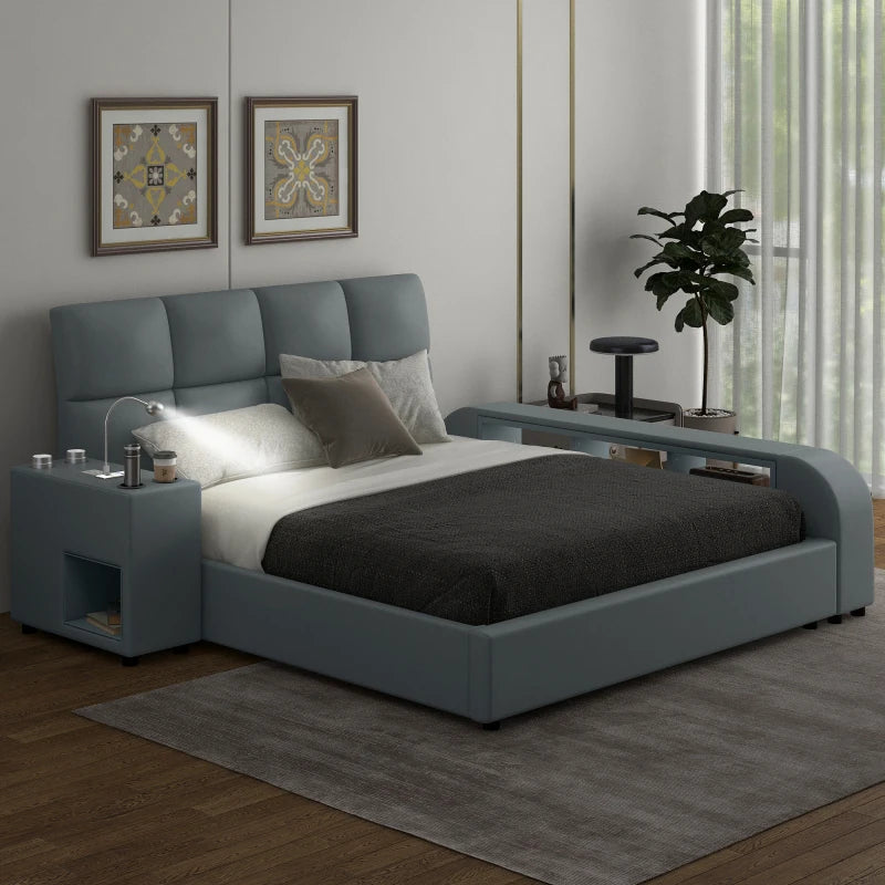 Queen Size Upholstered Platform Bed with Multimedia Nightstand and Storage Shelves,No Box Spring Required, Gray/White