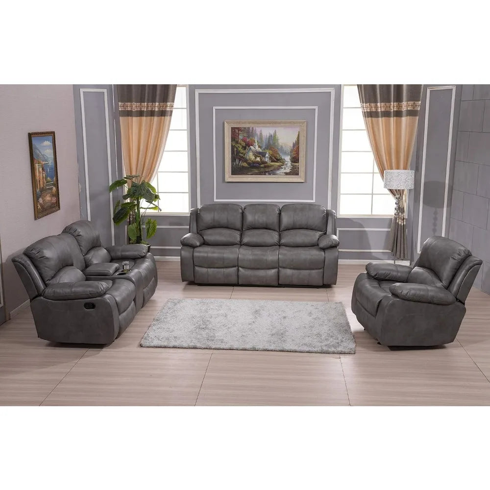 Bonded Leather Reclining Sofa Chair Set Living Room Set Sofa Loveseat Glider Chair 8018 Multiple Colors (Gray)