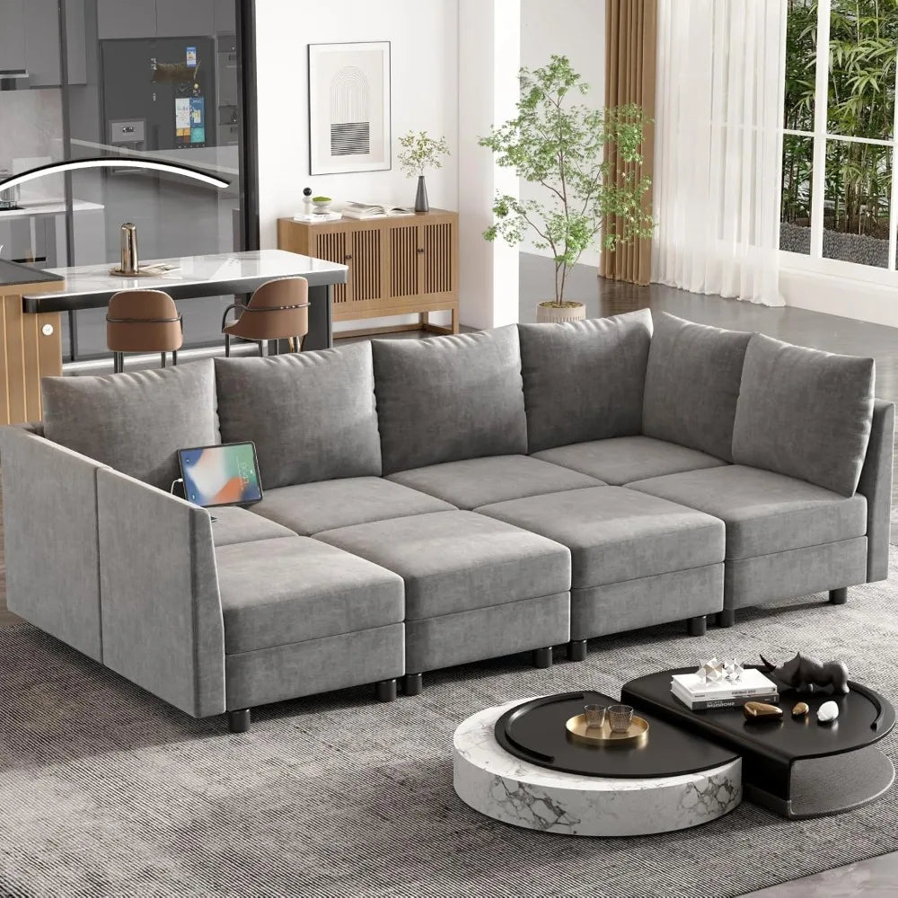 Sectional Sleeper Sofa, 8 Seats Modular Convertible Sofa Bed Couch with Storage Ottomans, with Charging Station