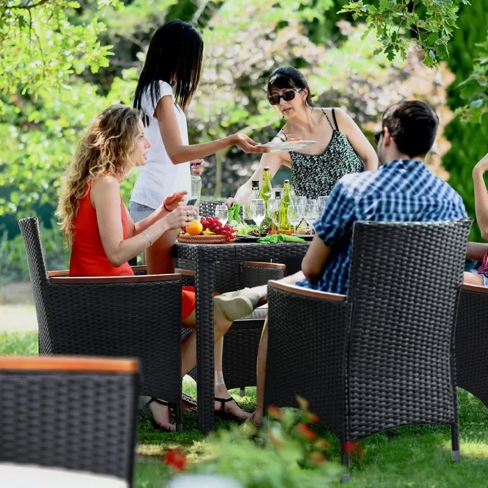 Patio Dining Set Outdoor Acacia Wood Table and Chairs with Soft Cushions Wicker Patio Furniture for Deck