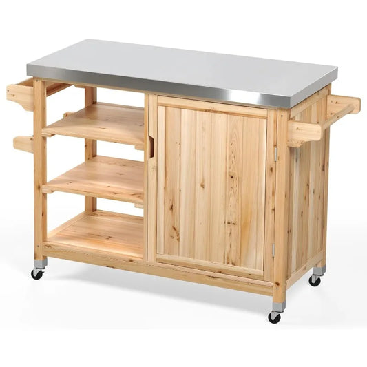 Outdoor Table and Storage Cabinet Solid Wood Movable Grill Table with Stainless Steel Top