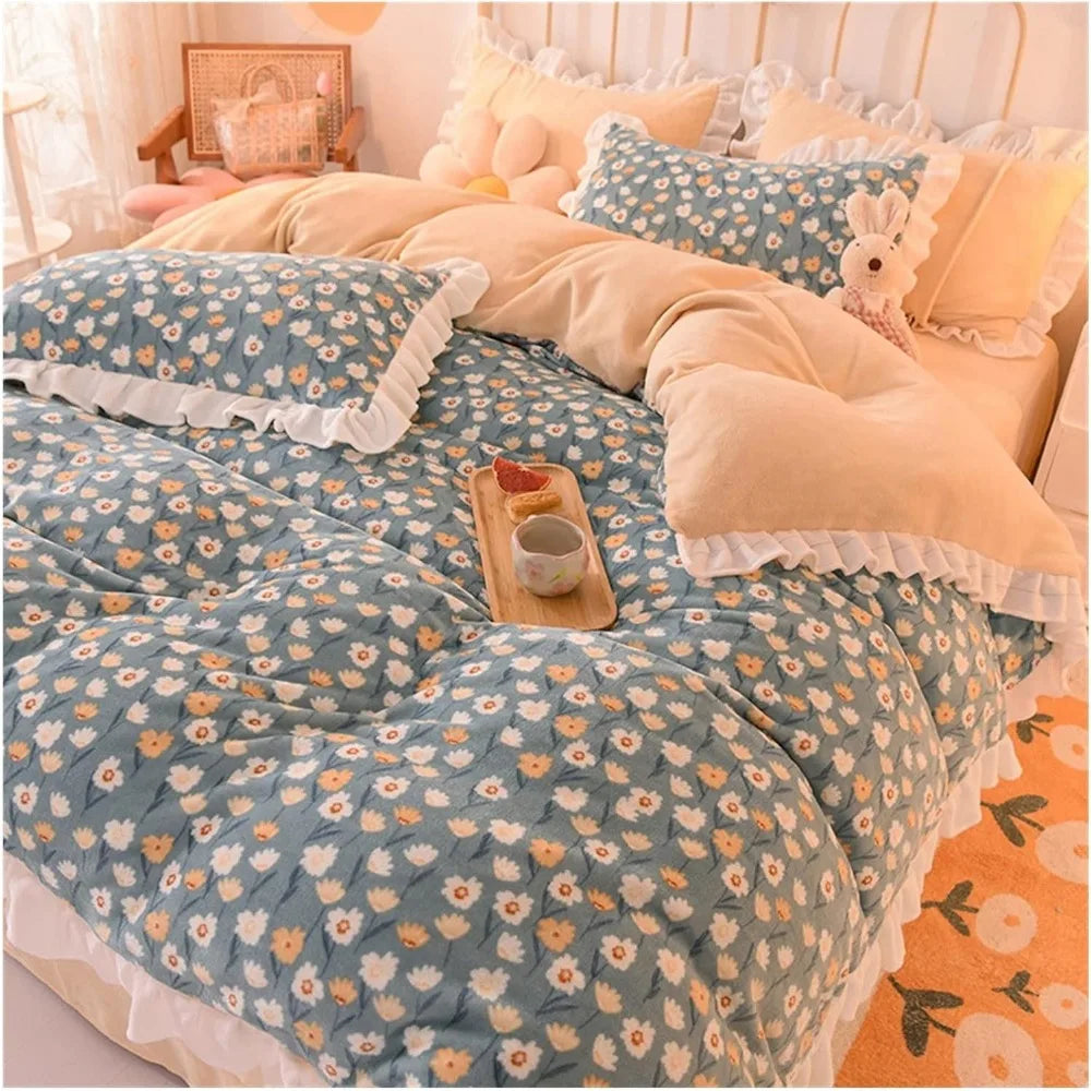 Bedding set, autumn and winter milk fiber four piece set, coral fleece lining, thick double-sided bed sheets