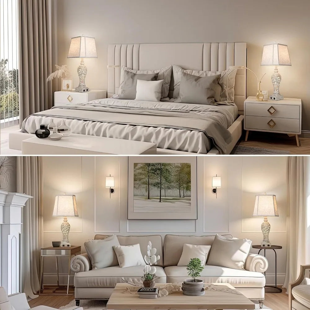 Table Lamps Set of 2 - Bedside Lamp with Fabric Shades - for Bedroom and Living Room with USB and Nightlight
