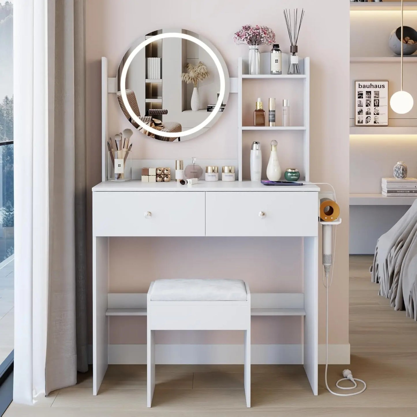 Table and Soft Cushion Stool Set,  Adjustable Brightness, Desktop, Multi-layer High Capacity Storage