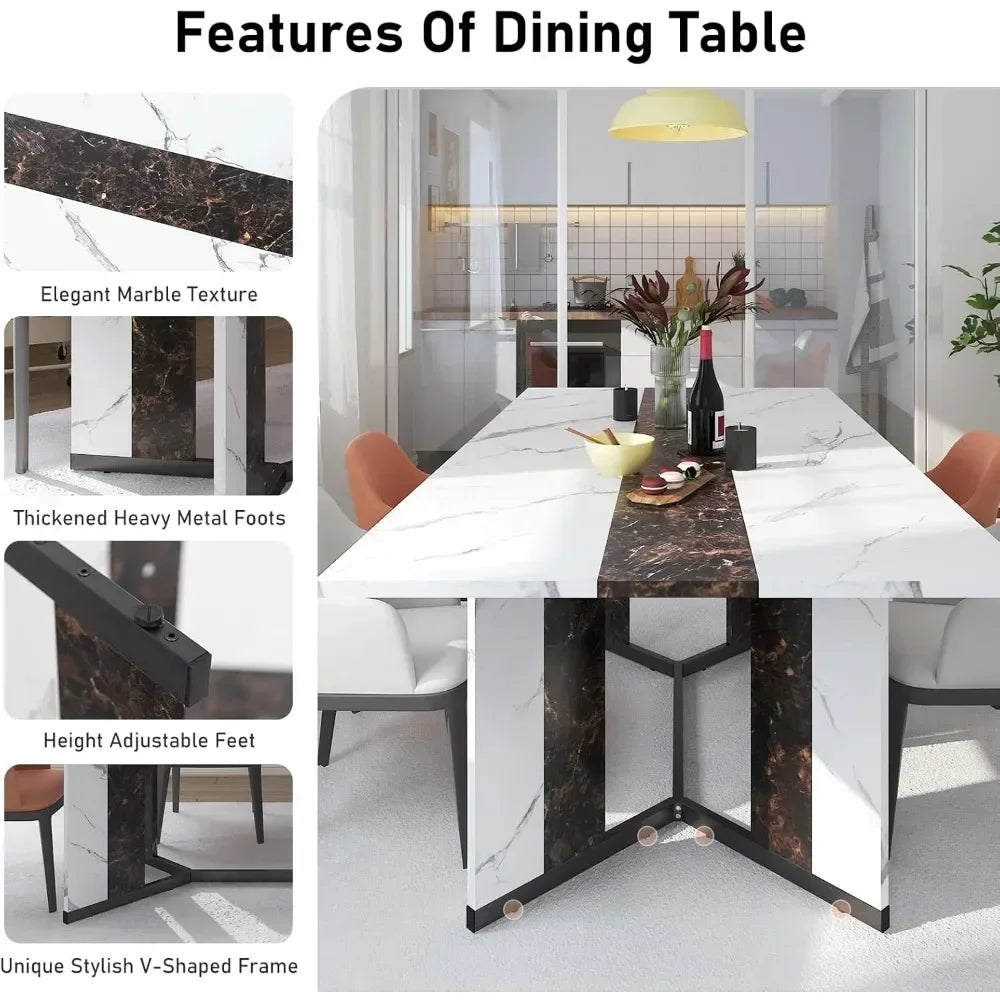 Large Rectangular White Dining w/35 Marble-Color Wood Waterproof Tabletop, Adjustable