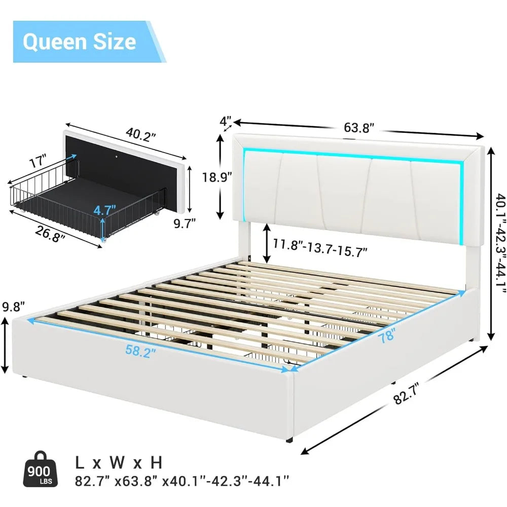 Bed Frame Queen Size with 4 Storage Drawers and LED Lights Faux Leather Upholstered Queen LED Platform Bed Frame with USB Ports
