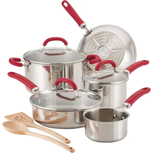 Rachael Ray Create Delicious Stainless Steel Cookware Set, 10-Piece Pots and Pans Set, Stainless Steel with Red Handles
