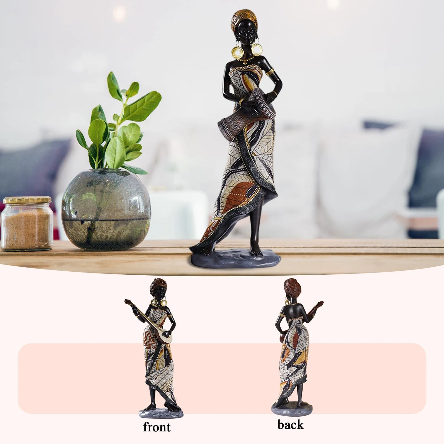 Resin African Tribal Female Figurines Art Black People Musical Instrument Statue Handicrafts Creative Home Decor For Interior