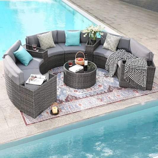 Furniture Sets with Tempered Glass Coffee Table and 4 Pillows, Half-Moon Sectional Round Set Curved Sofa Sets