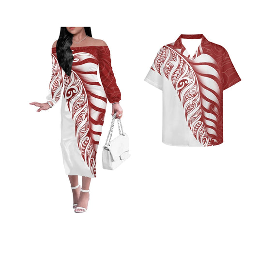 Factory Price Personality Red-black Party Off Shoulder Dress Custom Polynesian Tribal Tattoo Pattern Large Size 4XL Sexy Dress