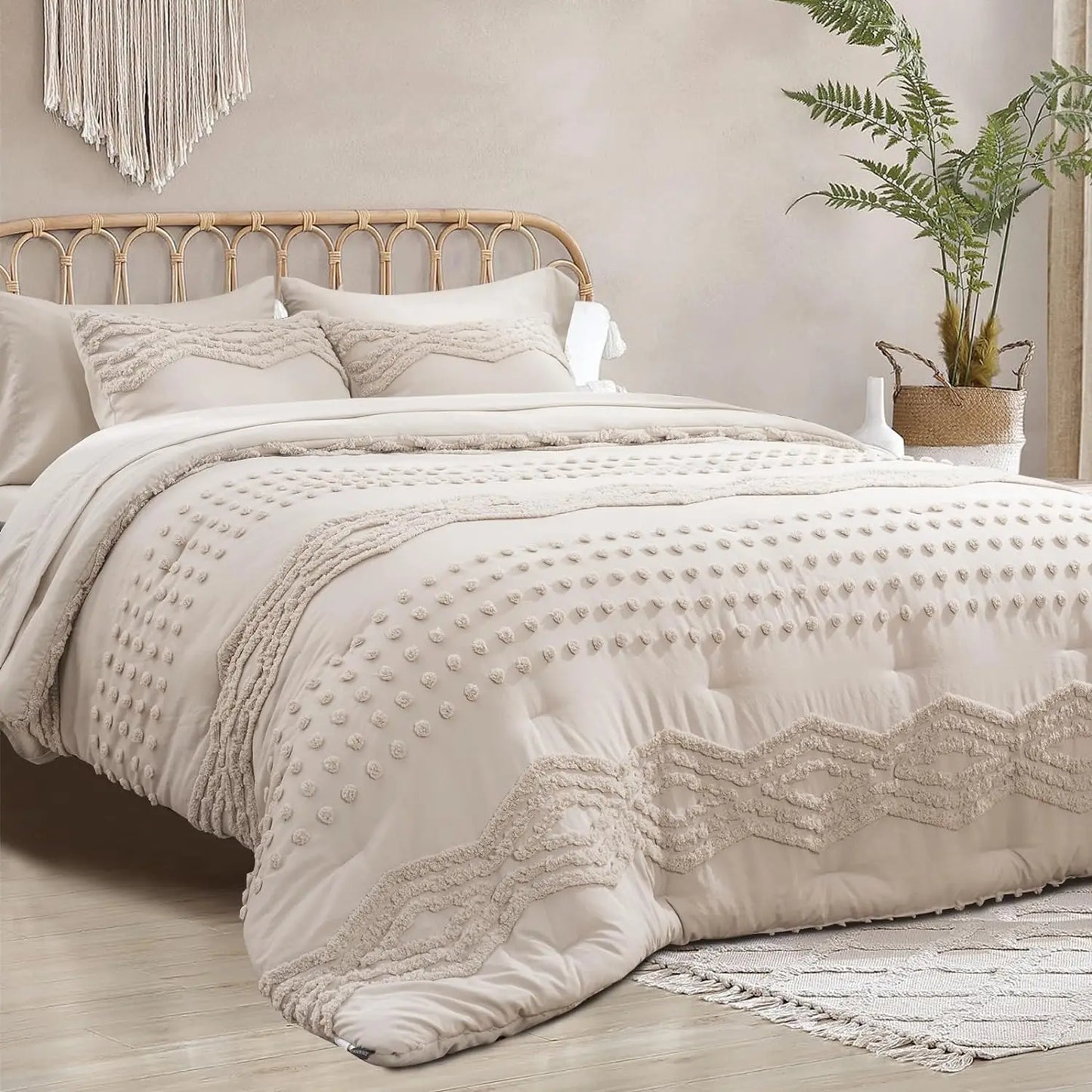 Queen Size Comforter Set 7 Pieces Bed in a Bag, Beige Tufted Shabby Chic Boho Comforter