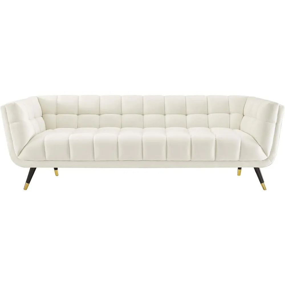 Adept Contemporary Mid-Century Modern Performance Velvet Upholstered Tufted Sofa in Ivory