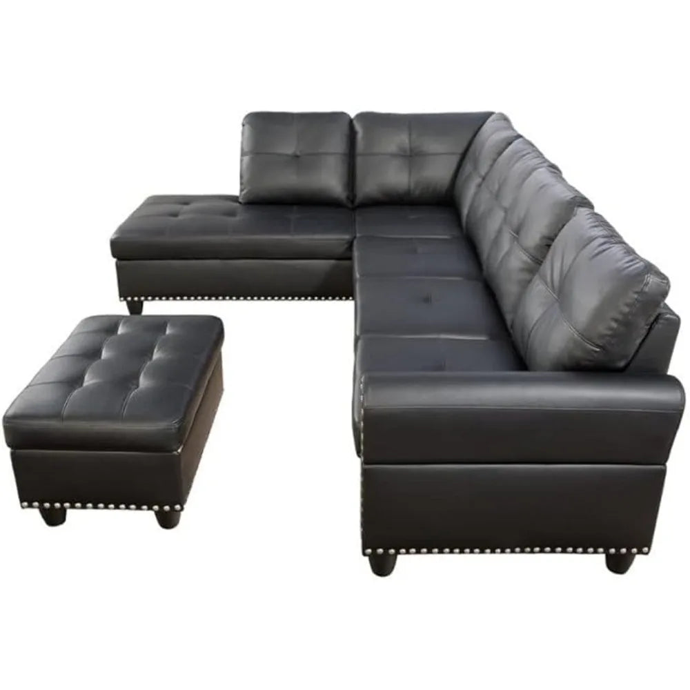 Living Room Sofa, L-Shape PU Leather Sectional Couch Set with Storage, Chaise,