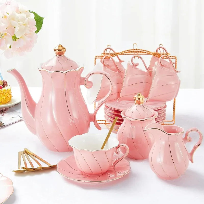 White Porcelain Tea Set for 6, Luxury British Style Tea/Coffee Cup Set with Golden Trim, Beautiful Tea Set for Women,