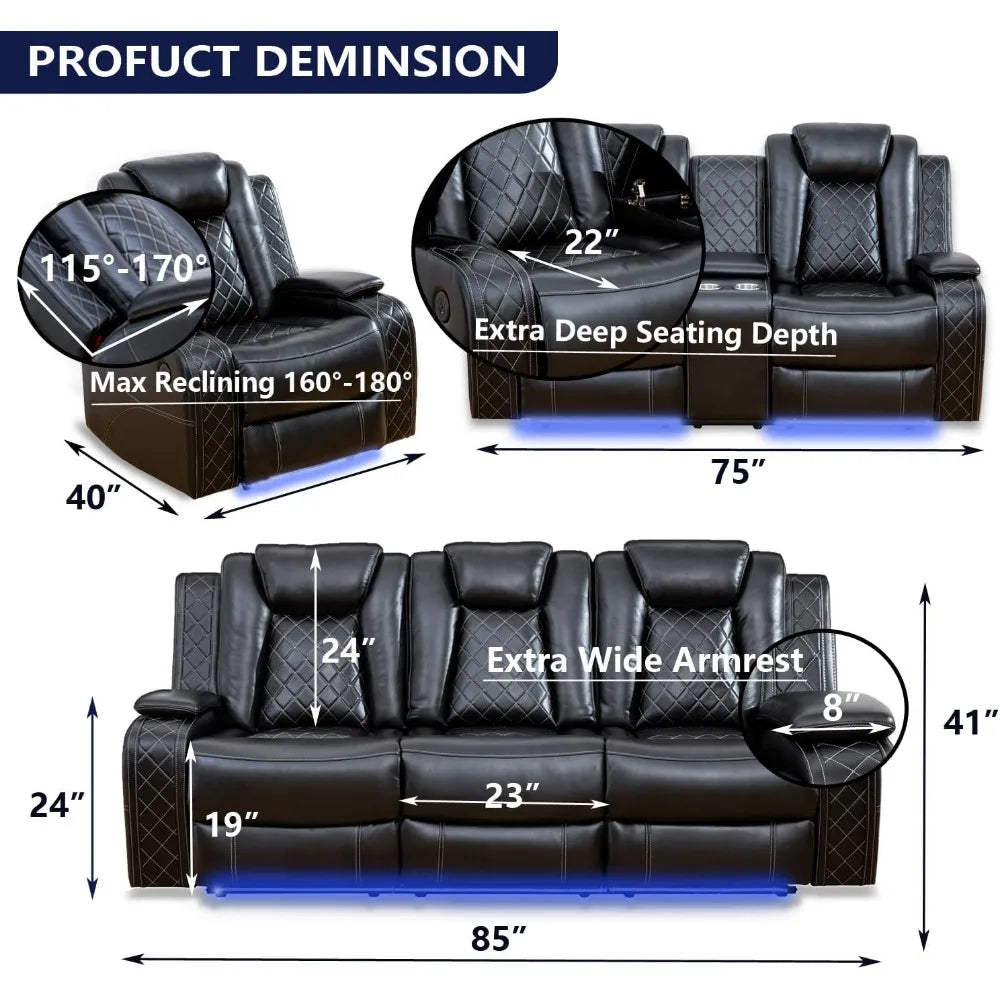 recliner Power Leather Reclining Sofa Set for Living Room Furniture, Black Vegan Leathe