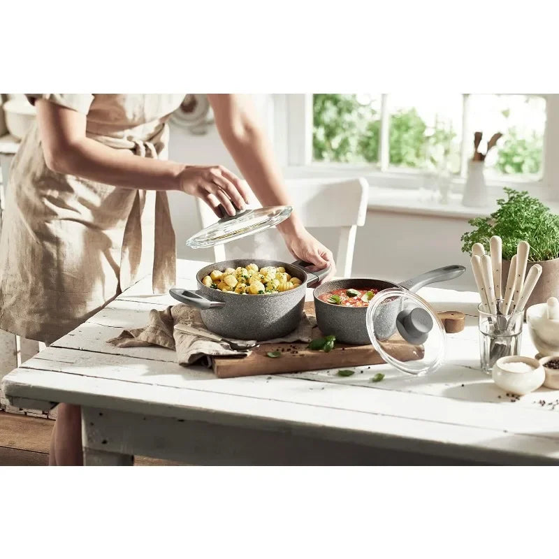 Nonstick Pot and Pan Set, Made in Italy, Set includes fry pans, saucepans, sauté pan and Dutch oven with lid