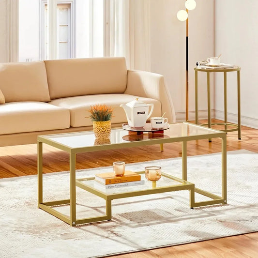 Coffee Table,42" Rectangular Glass Coffee Table for Living Room,2-Tier Center Tea Table W Metal Frame for Small Space, Apartment