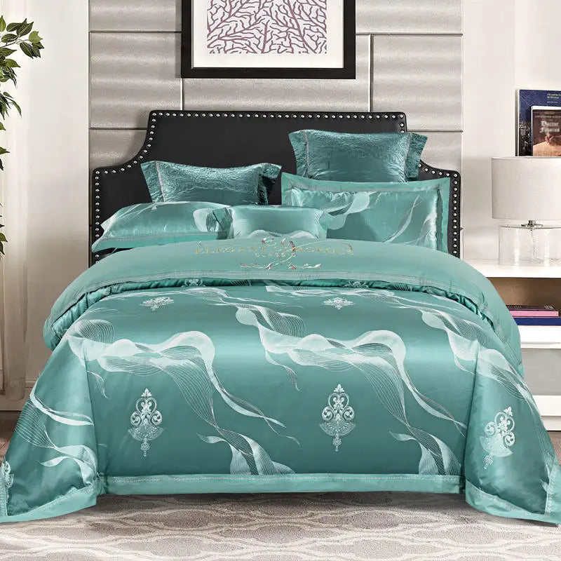 Luxury Soft Jacquard Bedding Set Floral White Blue Comfort A/B High-End Embroidery Duvet Pillowcase Bed Sheet Queen King Size