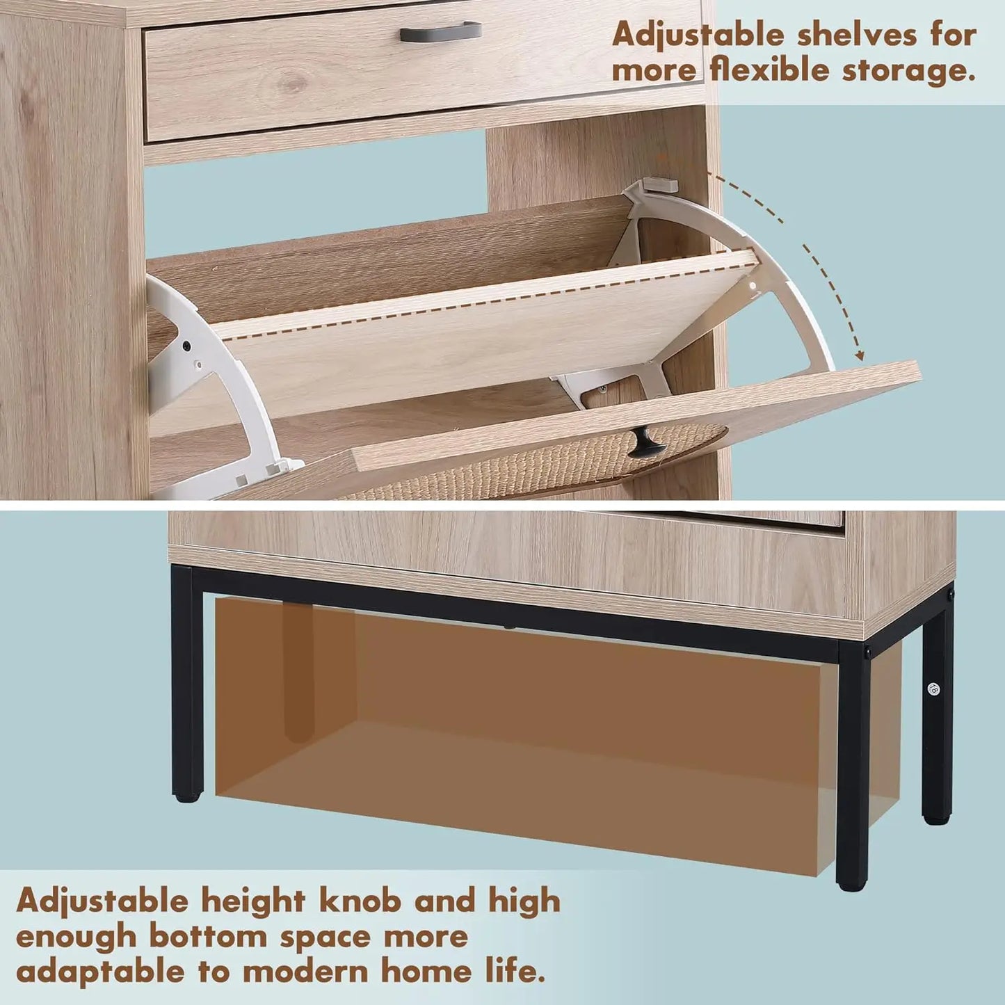 Shoe Storage Cabinet with 2 Flip Drawers&1 Small Drawer, Slim Entryway Shoe Organizer with Half Round Woven Rattan Doors