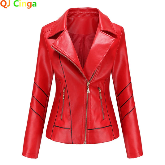 Red PU Faux Leather Jacket Women fashion Casual Biker Jackets Outwear Female Tops spring