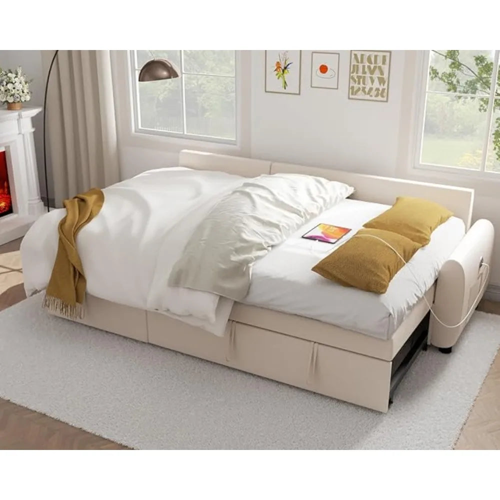 Sofa Bed with Reversible Storage Chaise Pull Out Couch for Living Room