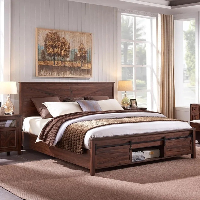 Farmhouse Wood Bed Frame Queen Size with Sliding Barn Door Storage Cabinets and Headboard, Solid Wood Slats