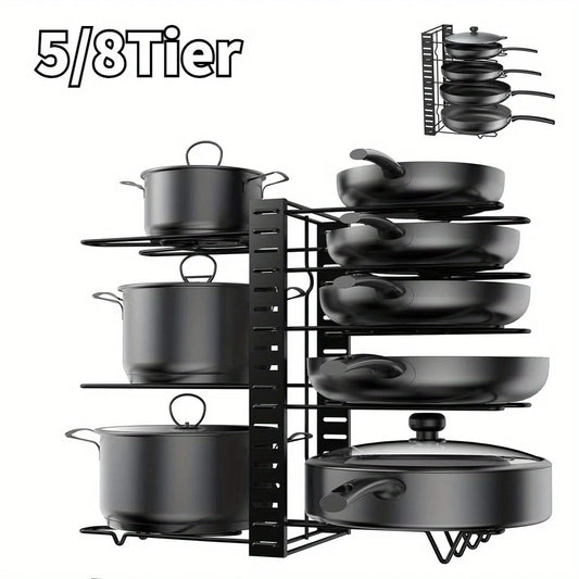 Adjustable Kitchen Pot Rack Organizer Heavy Duty Pan and Pot Holder, Space-Saving Metal Shelf for Cabinet and Countertop Storage