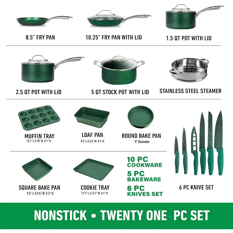 Green 20 Pc Pots and Pans Set Nonstick, Kitchen Cookware Set & Bakeware Set