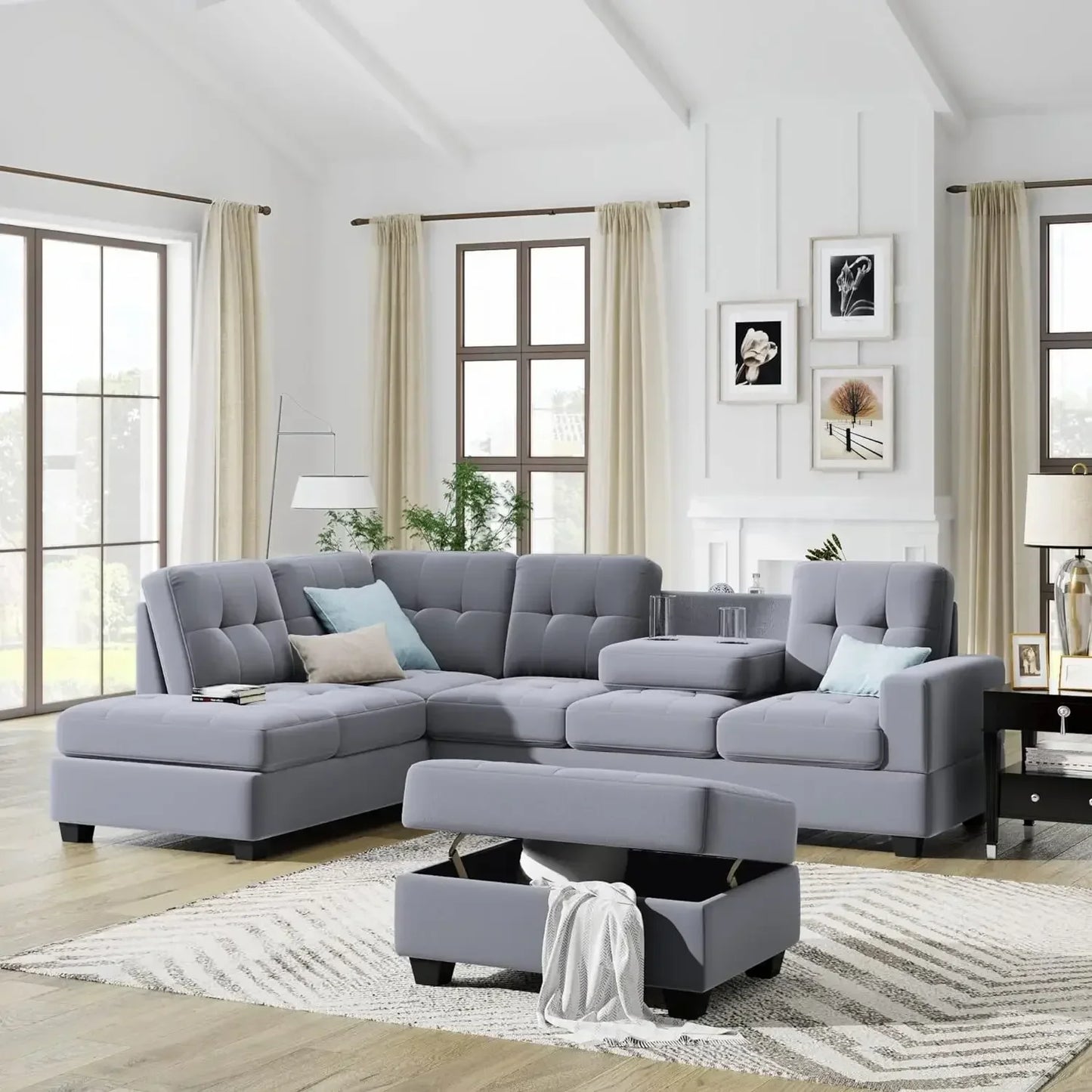 Faux Leather Sectional Sofa with Chaise Lounge, Storage Ottoman, L Shape Couches for Living Room Furniture Sets