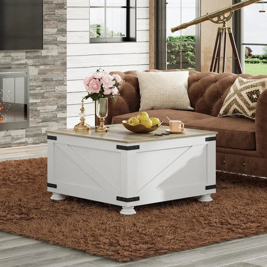 Farmhouse Coffee Table, Square Wood Coffee Table with Storage