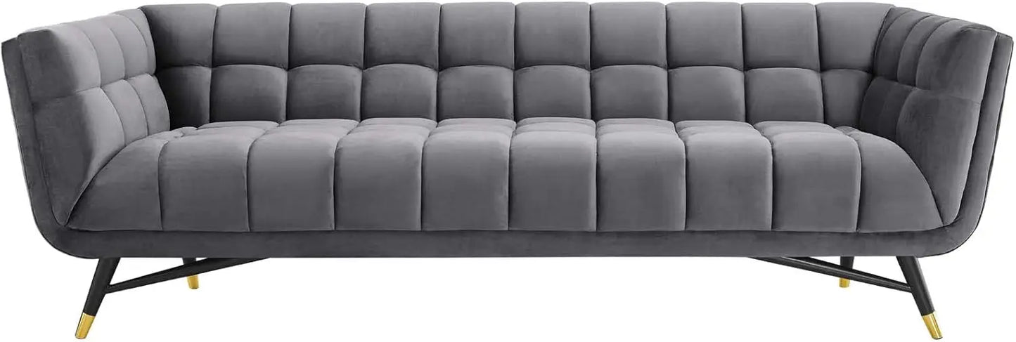 Adept Contemporary Mid-Century Modern Performance Velvet Upholstered Tufted Sofa in Ivory